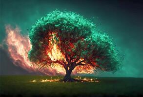 queimando árvore dentro a campo. floresta fogo. ai gerado foto