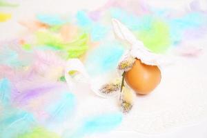 ovo de páscoa e penas coloridas de pássaros em um fundo claro foto