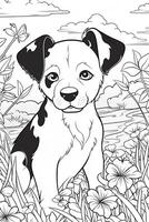 coloração página esboço do desenho animado fofa pequeno cachorro cachorro. ilustração coloração livro para crianças. generativo ai foto