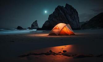 iluminado barraca acampamento selvagem em a de praia debaixo a noite céu, generativo ai. foto