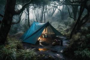 região selvagem sobrevivência. bushcraft barraca debaixo a lona dentro pesado chuva, abraçando a calafrio do alvorecer. uma cena do resistência e resiliência foto