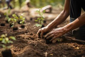 plantio árvores para uma sustentável futuro. comunidade jardim e de Meio Ambiente conservação - promovendo habitat restauração e comunidade noivado em terra dia foto