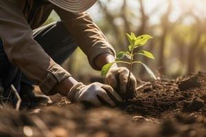 plantio árvores para uma sustentável futuro. comunidade jardim e de Meio Ambiente conservação - promovendo habitat restauração e comunidade noivado em terra dia foto