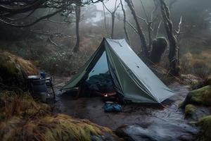 região selvagem sobrevivência. bushcraft barraca debaixo a lona dentro pesado chuva, abraçando a calafrio do alvorecer. uma cena do resistência e resiliência foto