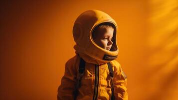 pequeno criança vestindo traje espacial. cosmonauta conceito. ai gerado. foto