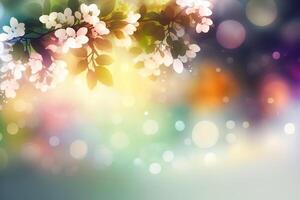 ilustração do florescendo Primavera flores em uma árvore ramo contra a pano de fundo do lindo bokeh e luz solar, cópia de espaço. ai gerado foto