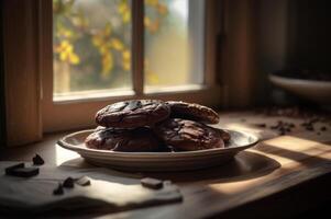 delicioso caseiro chocolates biscoitos em rústico de madeira mesa. ai gerado foto