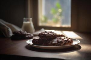 delicioso caseiro chocolates biscoitos em rústico de madeira mesa. ai gerado foto