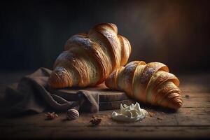 delicioso caseiro croissants em rústico de madeira cozinha mesa. ai gerado foto