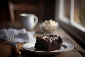 delicioso caseiro chocolate Brownie dentro branco cerâmico prato em rústico de madeira mesa. ai gerado. seletivo foco foto