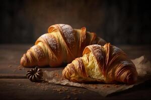 delicioso caseiro croissants em rústico de madeira cozinha mesa. ai gerado foto