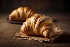 delicioso caseiro croissants em rústico de madeira cozinha mesa. ai gerado foto