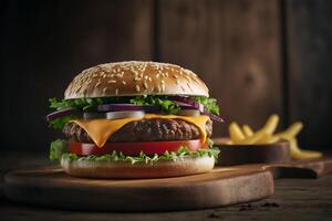 saboroso caseiro Hamburger em rústico de madeira mesa. cópia de espaço. anúncio. ai gerado. velozes Comida lanche foto