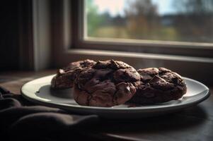 delicioso caseiro chocolates biscoitos em rústico de madeira mesa. ai gerado foto