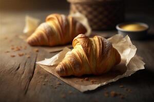 delicioso caseiro croissants em rústico de madeira cozinha mesa. ai gerado foto