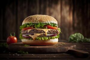 saboroso caseiro Hamburger em rústico de madeira mesa. cópia de espaço. anúncio. ai gerado. velozes Comida lanche foto