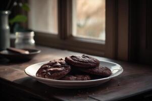 delicioso caseiro chocolates biscoitos em rústico de madeira mesa. ai gerado foto