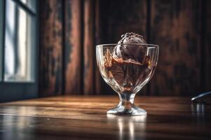 gourmet chocolate gelo creme dentro vidro tigela em gelo creme salão mesa. rústico madeira. ai gerado. congeladas sobremesa foto