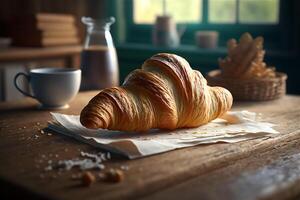 delicioso caseiro croissants em rústico de madeira cozinha mesa. ai gerado foto