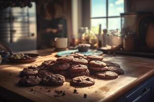 delicioso caseiro chocolates biscoitos em rústico de madeira mesa. ai gerado foto