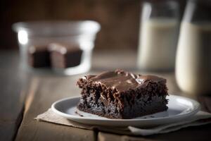 delicioso caseiro chocolate Brownie dentro branco cerâmico prato em rústico de madeira mesa. ai gerado. seletivo foco foto