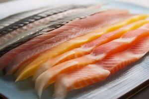 japonês sashimi, cru peixe carne fatiado para dentro peças. generativo ai. foto