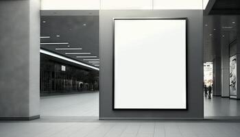 em branco poster Painel publicitário em anexo parede com cópia de espaço para seu texto mensagem dentro moderno compras shopping.generative ai foto