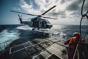 procurar e resgate Operação dentro mar. emergência resgate helicóptero moscas sobre mar superfície. generativo ai foto