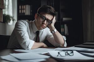 cansado escritório trabalhador sentado às local de trabalho.exausto homem trabalhando. generativo ai foto