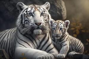 branco tigre mãe com filhote. generativo ai. foto