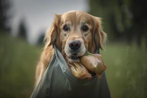 uma dourado retriever carrega uma saco do mantimentos. generativo ai. foto