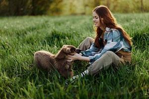 mulher jogos com dela cachorro dentro natureza sorridente e deitado em a verde Relva dentro a parque, feliz saudável relação entre amante e animal foto