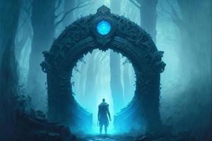 guardião Guerreiro dentro frente do a místico pedra portal dentro a floresta, luzes. ai foto