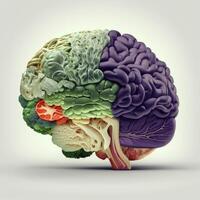 humano cérebro fez com legumes em branco fundo generativo ai foto