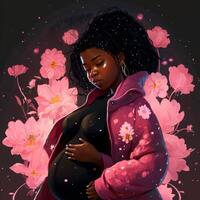 Preto fofa grávida mulheres grande estômago vestindo Rosa casaco generativo ai foto
