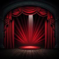 palco de teatro escuro com cortinas vermelhas e holofotes foto