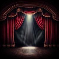 palco de teatro escuro com cortinas vermelhas e holofotes foto