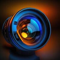 vídeo Câmera lente aceso de azul e laranja cor generativo ai foto