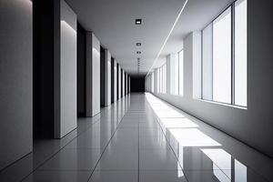 hotel, clínica ou Hostel corredor com Preto e branco cor. corredor com portas dentro perspectiva visualizar. ai foto