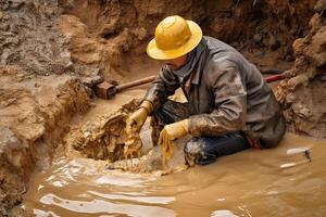 ouro panorâmica. prospector é olhando para ouro dentro a rio durante ouro correr. criada com generativo ai foto