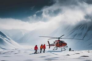 procurar e resgate Operação dentro montanhas. médico resgate helicóptero aterrissagem dentro Nevado montanhas. criada com generativo ai foto