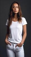 a menina modelo desgasta uma branco camiseta este serve Como uma modelo para uma Projeto ou zombar acima. ai gerado ilustração. foto