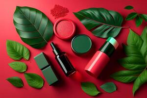 Cosmético produtos com verde folhas em vermelho fundo. 3d Renderização generativo ai foto