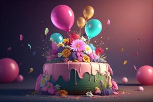 3d aniversário bolo com flores com colorida balões, . 3d Renderização generativo ai foto