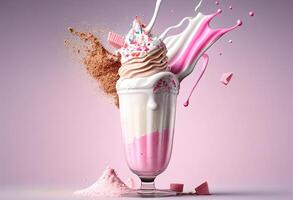 milkshake com açoitado creme e Rosa splash. 3d Renderização generativo ai foto