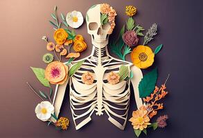 humano corpo esqueleto anatomia com flores e plantas. 3d ilustração. tonificado. generativo ai foto