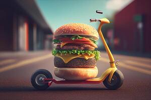 Hamburger com lambreta em a estrada. 3d Renderização generativo ai foto