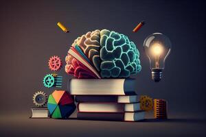 Educação conceito. pilha do livros com cérebro e engrenagens. 3d ilustração generativo ai foto