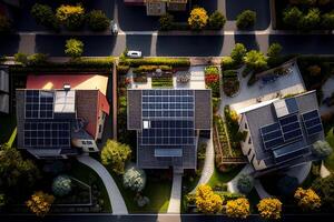 aéreo Visão do uma residencial área com solar painéis em a cobertura generativo ai foto
