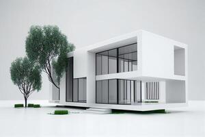 moderno casa exterior com branco paredes e concreto chão. 3d Renderização generativo ai foto